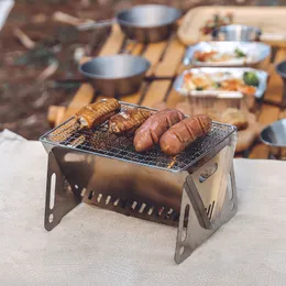 BBQ Tools Accessories Outdoor Picnic Portable Folding Spise Camping Equipment Rostfritt stål Förbränningsgrill Mini BBQ Charcoal spis 230504