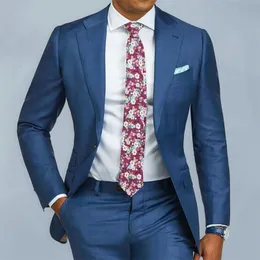 Erkekler Suits Blazers Mavi Resmi Erkekler Takaslar Slim Fit ile Çentikli Yakıt 2 Parça Düğün Smokin için Erkek Moda Kostüm Ceketi Pantolonlu 230505