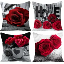 Cushion Decorative Pillow 45x45cm Red Rose Flower Cushion Cover Home Wedding Decoration Sofa Bed Lumbar case Polyester Print Case 230505