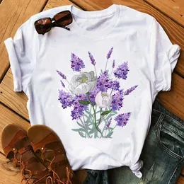 Camisas femininas WVioce Beautiful Flower Purple Princied Mulheres top Casual Flores de camiseta redonda pescoço feminino 32930