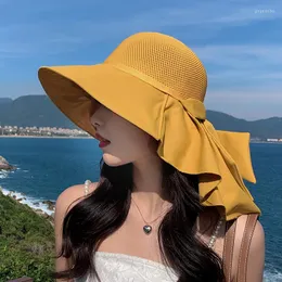 Breda brim hattar kvinnor sommar sjal sol hatt stor hink fiskare utomhus bowknot elegant skydd skuggning strand mössor