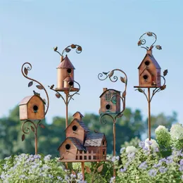 Nests Garden Stake Birdhouse Attractive Bird Feeder Exquisite Garden Stakes Metal Art With Rod Birdhouse Feeder for Home Garden Decor