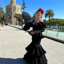 Vintage svart flamenco prom klänning sjöjungfru rufsar puff ärmar kvinnor formella tillfällen klänningar 2023 tätt koreanska eleganta kvällsfestklänningar vestidos de fiesta