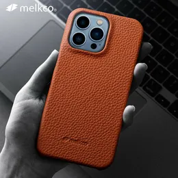 iPhone 14 Pro Max 14 무선 충전 백 커버를위한 자기 오리지널 Melkco Genuine Leather Case