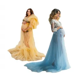 OC 605M31 Nya Sarah Maternity Dresses toppkvalitet gravida kjol chiffong spets lapptäcke golv länge