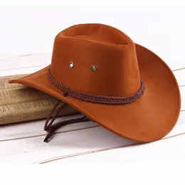 Breda Brim Hats Bucket Western Cowboy Hat Men Leather 58cm för Gentleman Cowgirl Jazz Cap med Suede Sombrero Holiday Costume Show Party 230504