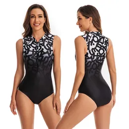 Våtdräkter Drysuits Womens Summer Beach tryckt Zip Front Maillot One Piece Swimsuit High Cut Athletic Sleeveless Badkläder vadderad baddräkt J230505