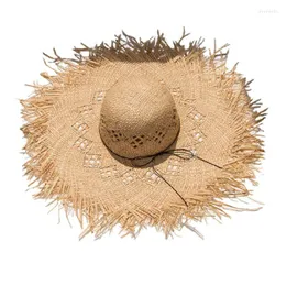 Szerokie grzbiet kapelusze kobiety raflia słoma do słonecznego kapeluszu wielki miękki fringe puste krem ​​krusze