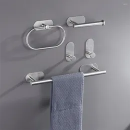 Bath Accessory Set Wall Mounted Bathroom Towel Bar Stainless Steel Holder Clothes Coat Hanger Washroom Punch Free Self-adhesive Silver