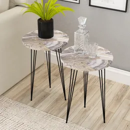 2 개의 엔드 테이블 - 작은 공간을위한 Pak 홈 둥근 나무 소파 사이드 테이블, 악센트 스탠드 침대 옆 테이블 금속 다리 - 회색