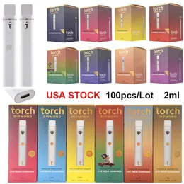 USA STOCK Premium 2Grams TORCH Einweg Vape Pens Wiederaufladbare 280MAH Dicköl E-Zigaretten Starter Kits Leere Hülsen mit Paket 100er Menge