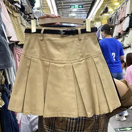 Saias saias coreano plissado a linha para mulheres cinto de cintura alta hip saia senhoras retro denim ajuste minissaia com shorts gota