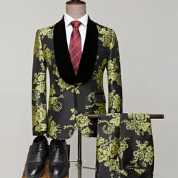 Męskie garnitury Blazery Najnowsze płaszcz spodnie Slim Fit Party Wedding Suits for Men Green Yellow Jacquard Shawl Lapel Groom Tuxedos Costume 230505