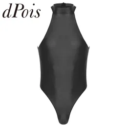 Mäns badkläder herrbaddräkt Glossy Mock Neck Back dragkedja bodysuit Hommes ärmlös Leotard för gymnastik Simning Baddräkt 230503