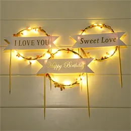 100Pcs Cake Topper Insert Card Luminous wreath Cake inserted card Happy Birthday Cake Decoration Festive Wedding Party Supplies