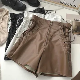 Kvinnors shorts kvinnors nya koreanska design blixtlås med hög midja pu läder shorts svart vit brun z0505