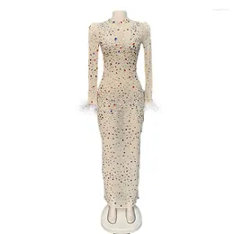 Casual Dresses High Elastic Mesh Rhinestone Evening For Women 2023 Feather Cuff Long Sleeve Sexy Party Dress Beige Diamond