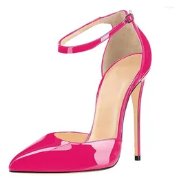 Klädskor fuchsia patent läder spetsig tå stilett hög klack pump 12 cm 10 cm 8 cm ankel rem v stil utskärningar kvinnor bankett parti