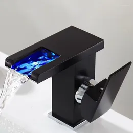 Badezimmer-Waschtischarmaturen A9LB LED-Licht-Wasserhahn 3 Farben wechselnder Wasserfall-Auslauf Einhand-Loch-Kalt- und Wassermischer