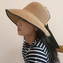 Cappelli larghi Brim Fashion Women Paglie Cappello Summer Beach Sun Fisherman Black Ribbon Natura Colore pieghevole ragazze piatte all'aperto