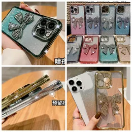 Bling Diamond Side Metallic Case na iPhone 15 14 Pro Max Plus 13 12 11 Gradient Glitter Luksus Luksus Bow Bowknot Chromed Clear Soft TPU Fine Hole Covery