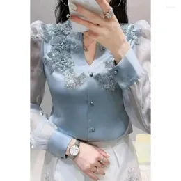 Camicette da donna Temperamento Caglietta organza busas femmininas elegantes v colta applique camicetta camisa prospettiva tops camicie mujer