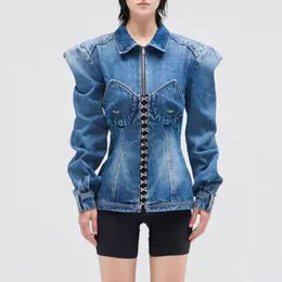 Kadın Tasarımcısı Gotik Denim Ceketler Ceket Bahar Sonbahar Uzun Kollu Jean Ceket Denim Mavi Sokak Stil Ceketleri