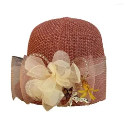 Wide Brim Hats Beach Hat Net Yarn Flower Decor Short Round Dome Fascinator Women Summer Bowler Sun