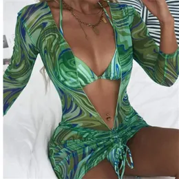 Women's Swimwear Sexy Green Floral Print 3 Piece Bikini Women Long Sleeve Cover Up Beach Mesh Skirt Swimsuit Bathing Suit High Waist Swimwea