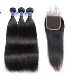 2021 Silky Straight Peruvian 10A Brazilian Human Hair Bundles With Lace Closure 3Bundles 8-28inch Indian Hair Extensions Weft for 3182