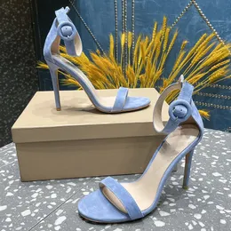 Lyxdesigner skor äkta läder blå mocka en linje hög klackade sandaler 2023 nya smala klackar mångsidiga öppet tå pendling höga klackar 10,5 cm storlek 35-42+låda