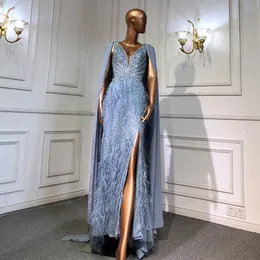 Party Dresses Serene Hill Blue Mermaid Elegant Cape Sleeves Luxury Beaded Feather aftonklänningar 2023 för kvinnor LA71583A 230505