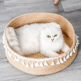 Camas de gato móveis corda de algodão natural tecido redonda cesta de cesto de ninho de animais dormindo scratch mat bloco adequado para cachorros cães pequenos