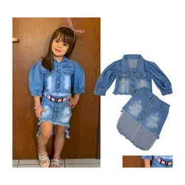 Sukienki dla dziewczyn dzieci 2pcs Ubrania Ubrania Girls Blue Puff Rleeve Otwarta przednia dżinsowa kurtka Dodaj nieregularną spódnicę na harmę 16 lat