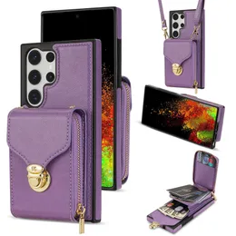 Wallet Pack Leather Case för Samsung S23 Ultra S22 Plus S21 Fe A54 A14 A12 5G A53 A13 Multifunktion Dragkedja Pu Pouch Lady Cash Soft TPU Back Cover med axel Lanyard