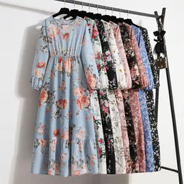 Lässige Kleider Damen Maxikleider mit Blumendruck Frühling Sommer Lässig O-Ausschnitt Volle Ärmel Hohe Taille A-Linie Boho Beach Party Langes Kleid Vestidos 230505