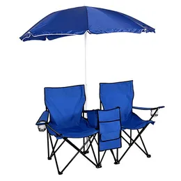 Double Portable Folding Picnic Chair Umbrella Table Cooler Camping Chair Blue