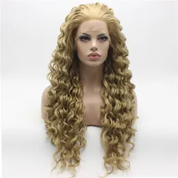 Iwona Hair Curly Long Two Tone Honey Blonde Mix Wig 18#16 27Hy Half Hand Betied Heat Resistant Synthetic Lace Front WIG302B