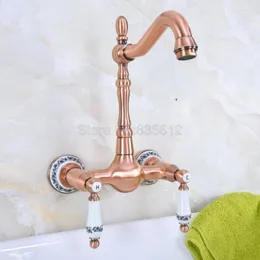 Bathroom Sink Faucets Antique Red Copper Brass Wall Mounted Dual Ceramic Handles Kitchen Basin Mixer Tap / Swivel Spout Vessel Faucet Tnf953