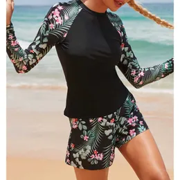 Wetsuits Drysuits Summer Long Sleeve Two Pieces Surfing Swimsuit Women Tankini Floral Swimwear Female Rash Guard Beachwear Bathing Suit Shorts Set J230505