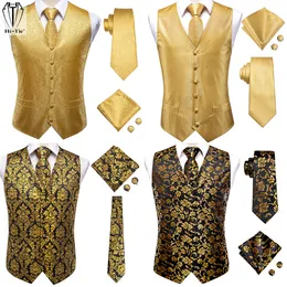Mäns västar Hi-Tie Luxury Silk Mens Vests Gold Yellow Orange Waistcoat Jacket Tie Hankerchief Cufflinks For Men Dress Put Wedding Business 230506
