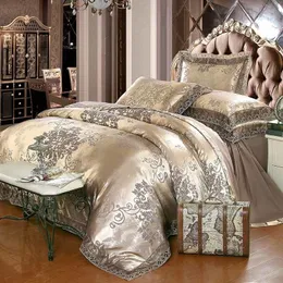 Sängkläder sätter lyxiga jacquard sängkläder set king queen size 4st bäddsäcken bomullslock täcke spetsar satin lakan set kuddar hemtextiler 230506