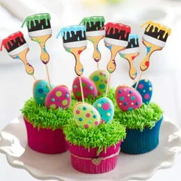 Festive Supplies 24 Pcs Art Theme Cake Decoration Paint Brush Cupcake Toppers Painting Picks Toothpicks For Graffiti Artist Birthday Party