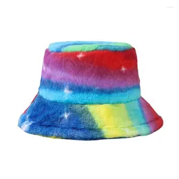 Berets Warm Stars Milky Way Tie Dye Plüsch Flat Top Bucket Caps Bedruckter weicher, flauschiger Kunstpelz-Fischerhut für Damen