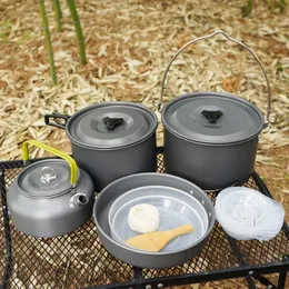 Camp Kitchen Outdoor Kochgeschirr Set Familie Camping Kocher Set Picknick Tragbare Teekanne Antihaft Aluminiumlegierung Kocher Set Topf Set P230506