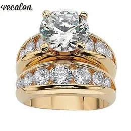 Solitaire Ring Vecalon Gold Color Solitaire Wedding Ring set 925 Sterling Silver 5A Zircon Stone Daily Engagement Band rings for women Jewelry 230506