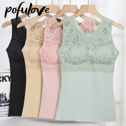 Camisoles Tanks Crop Top Women Lace Tank Winter Tank Top med inbyggd BRA Corset Padded Crop Top undertröja Bralette Velvet Varm svart Sexig 230505