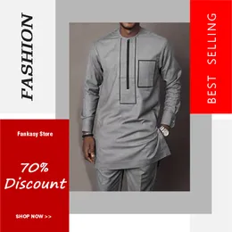 Men's Tracksuits Dashiki Suit Men Grey Zippied Social Long Sleeve T-Shirt Pants 2 Piece Outfit Traditional Clothing Shirt Sweatpants Male M-4XL 230506