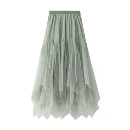 Skirts Women irregular Long Tulle Skirts Ladies High Waist Ankle-Length Tutu Maxi Skirts Beige Green Female Faldas Jupe Femme 230506