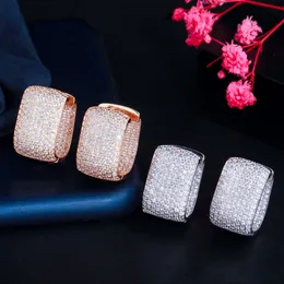 Hoop Huggie CWWZircons Double Sided Micro Paved Cubic Zirconia White Gold Color CZ Stone Rectangle Creolen for Ladies Jewelry CZ910 230506